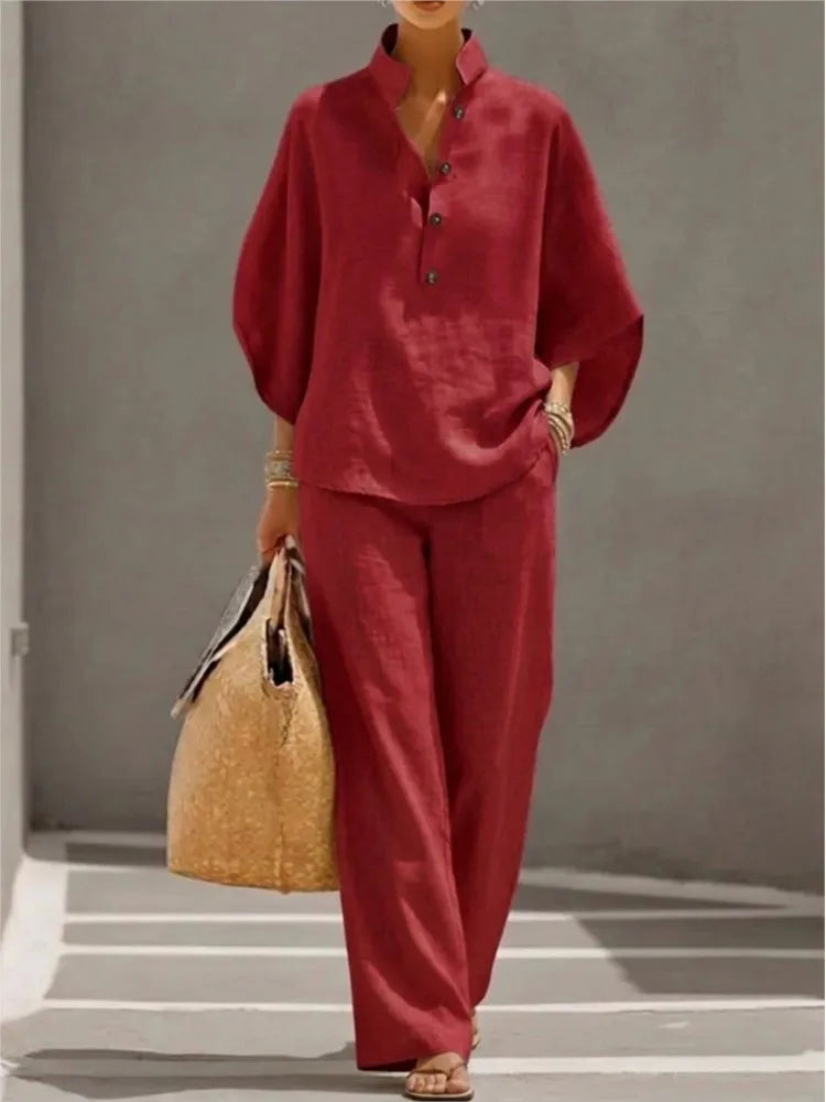 Fashion Cotton Linen Button Stand Collar 9 Quarter Sleeves Loose Women's 2-piece Suit Spring Casual Wide Leg Pants Suit Female