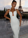 Mozision Halter Strapless Sexy Maxi Dress Women Elegant Deep V Neck Hollow Out Sleeveless Backless Bodycon Club Party Long Dress