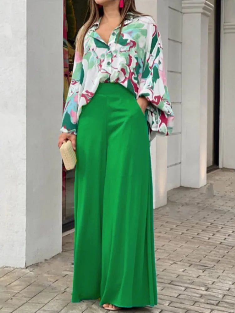 Fashion Print Set Women Casual Long Sleeve Button Shirt+Pockets High Waist Wide Leg Pants Office 2 Piece Sets Lady Spring Summer