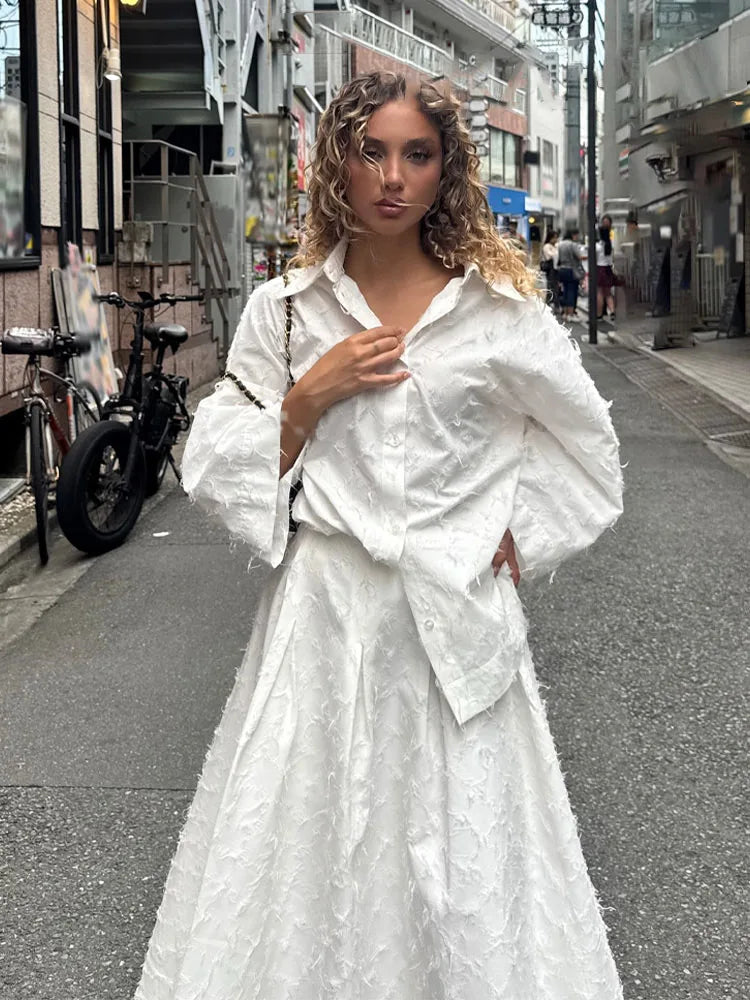 HH Women Tassel Sets White Turn-Down Collar Single-Breasted Shirts+High Waist Zipper A-Line Long Skirts Female Holiday Suit
