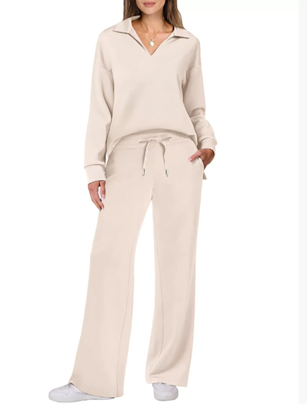 2025 European and American Autumn and Winter New Fashion Casual Women's Long Sleeved Drawstring Solid Color Commuting Pants Set