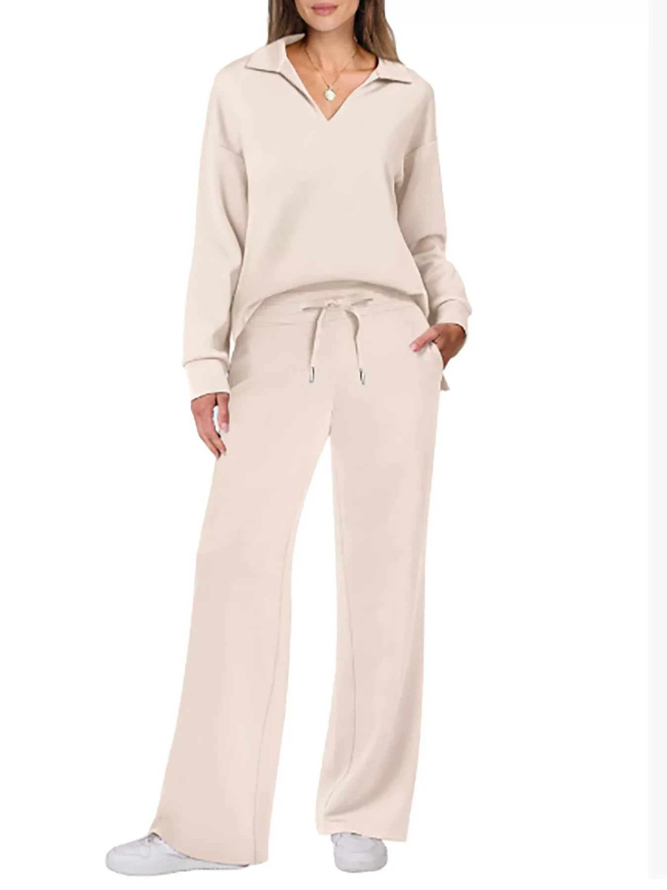 2025 European and American Autumn and Winter New Fashion Casual Women's Long Sleeved Drawstring Solid Color Commuting Pants Set