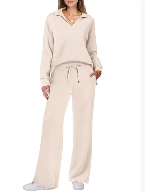 2025 European and American Autumn and Winter New Fashion Casual Women's Long Sleeved Drawstring Solid Color Commuting Pants Set