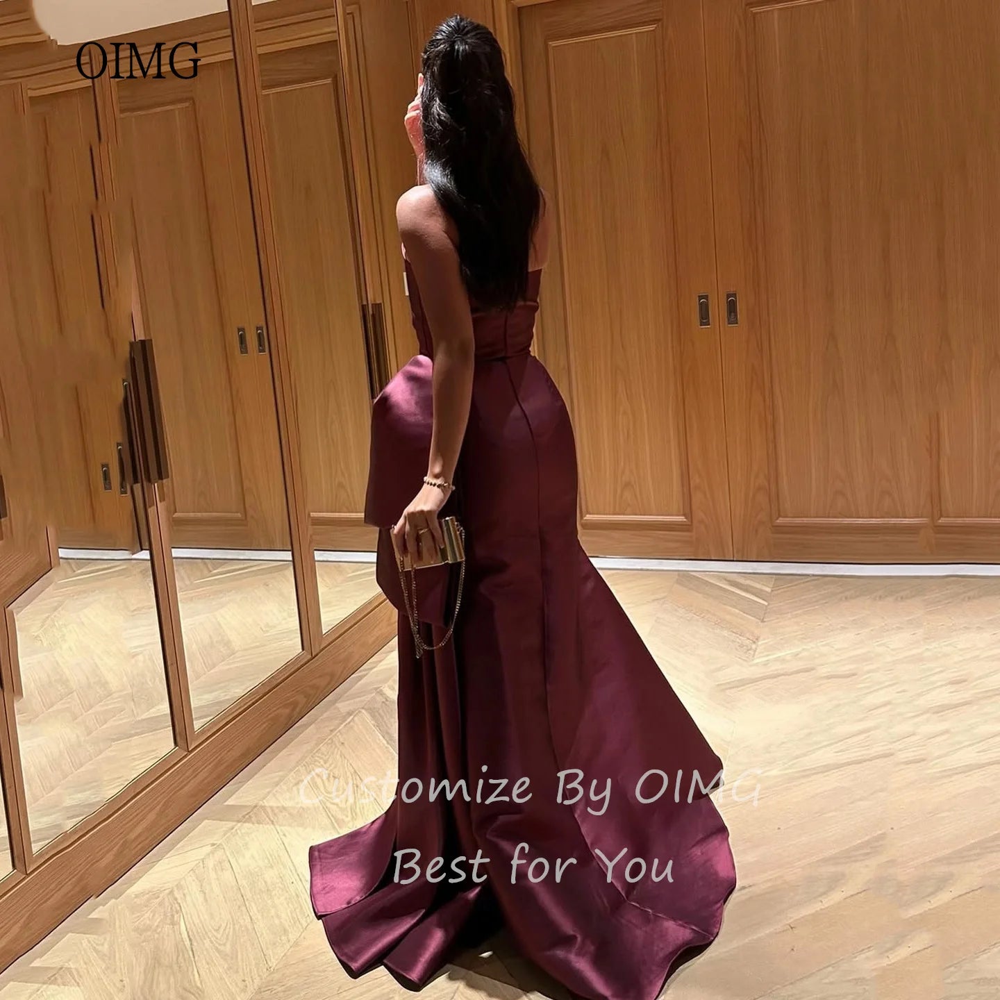 OIMG Classic Purple Strapless A Line Prom Gowns Satin Backless Formal Party Gown Floor Length Evening Dress Customized