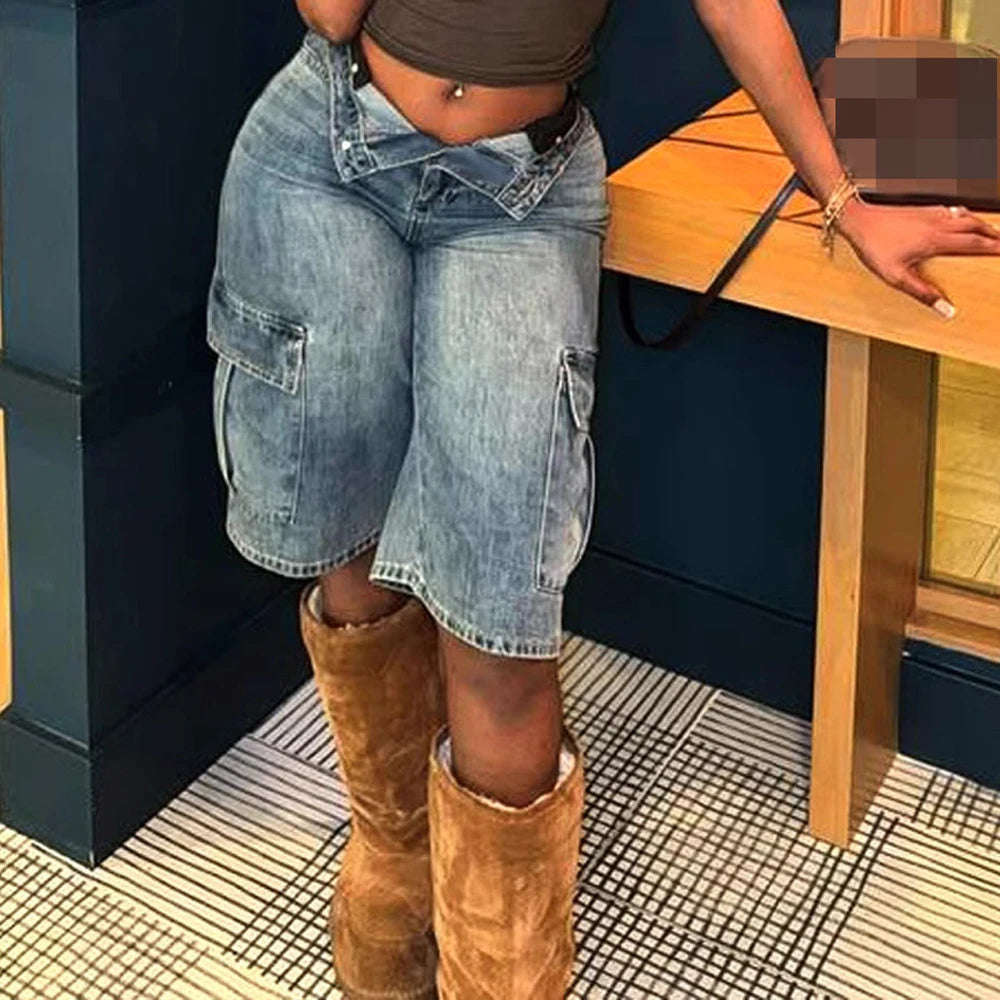 2025 Summer Women Fashion Pockets Denim Cargo Shorts Washed Stretchy High Waist Knee Length Short Jeans Casual Female Streetwear