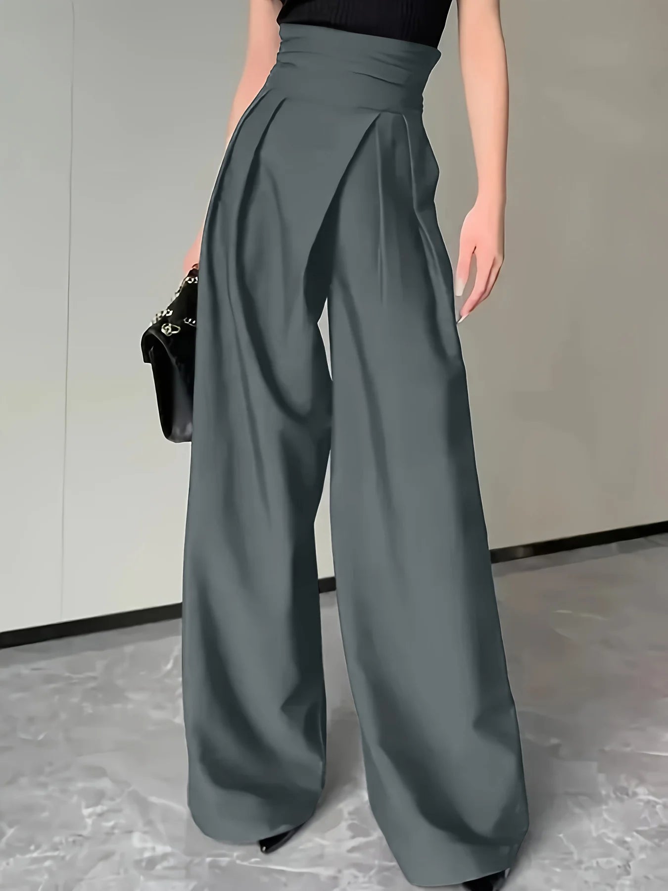 Women's Grey High Waist Wide Leg Suit Pants Pleated Wrap Waist Flowy Palazzo Pants Fashion Spring Summer Office Daily Trousers