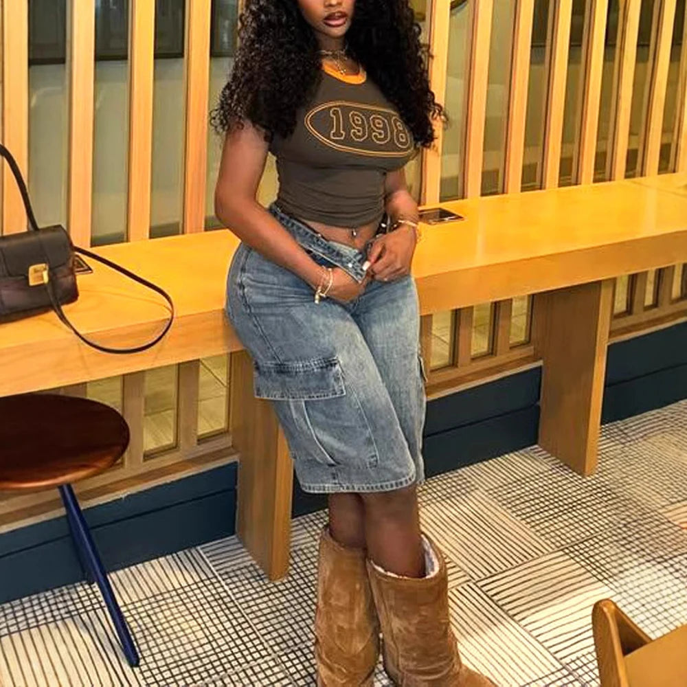 2025 Summer Women Fashion Pockets Denim Cargo Shorts Washed Stretchy High Waist Knee Length Short Jeans Casual Female Streetwear