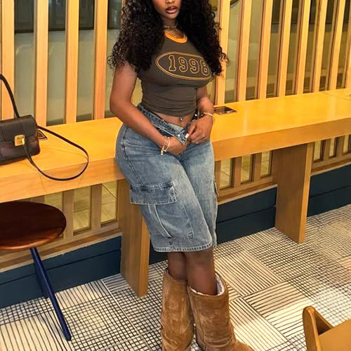 2025 Summer Women Fashion Pockets Denim Cargo Shorts Washed Stretchy High Waist Knee Length Short Jeans Casual Female Streetwear