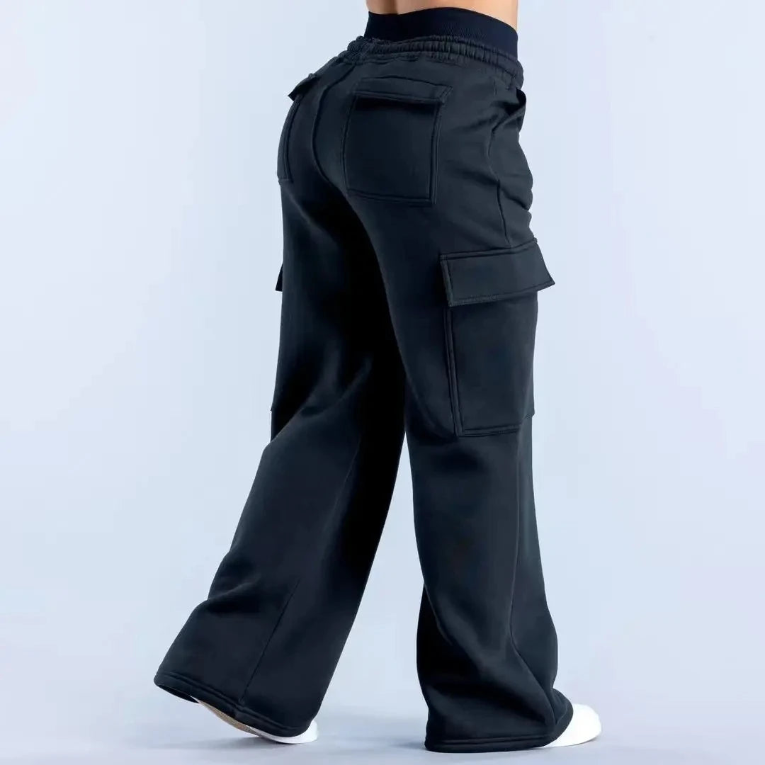 Women Fashion Low Waist Belted Straight Leg Wide Leg Trousers Solid Color Casual Joggers Multiple Pockets American Work Pants