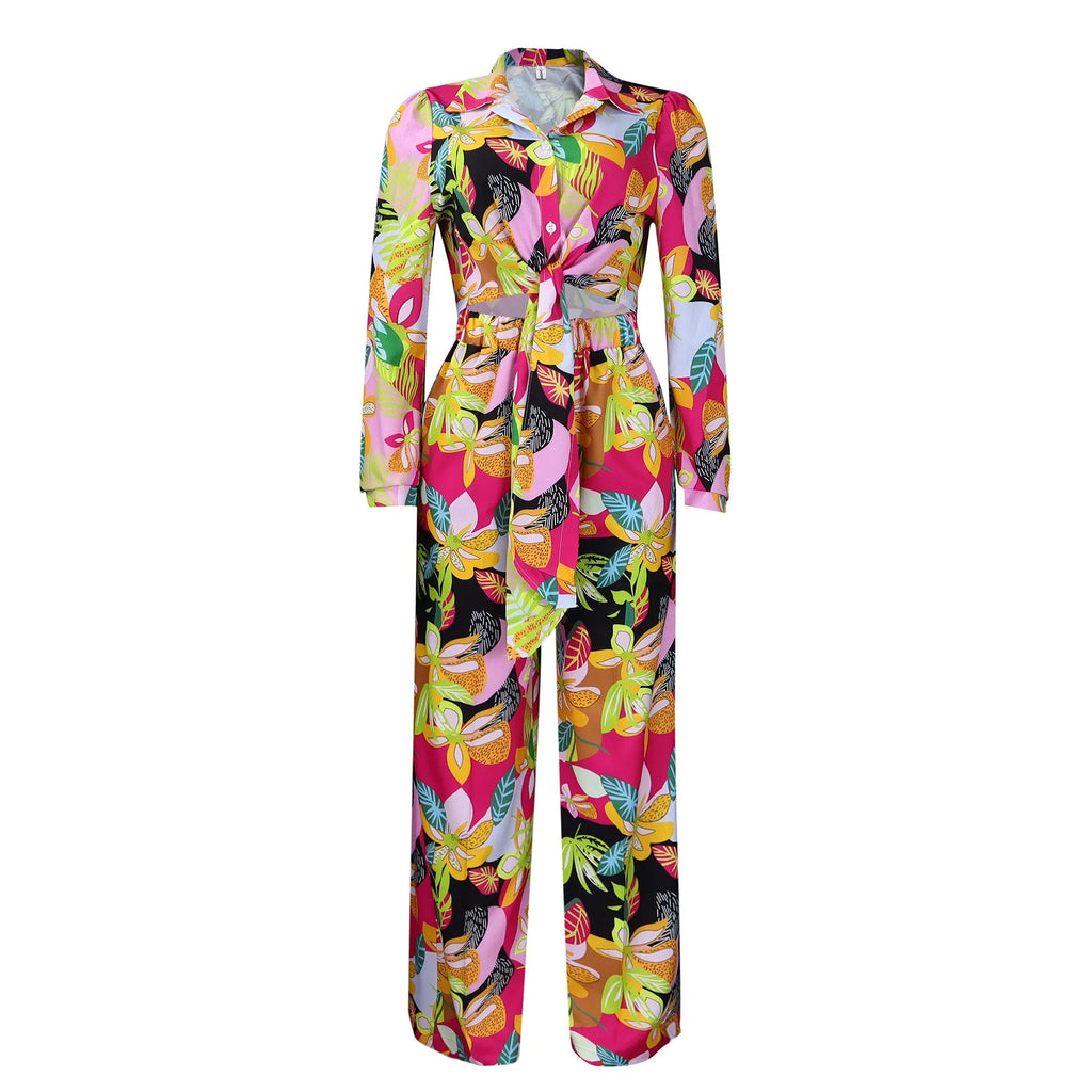 Summer Women's Clothing Floral Print Tie Waist Long Sleeve Shirt And Wide Leg Pants Set Elegant Two Suit Polyester