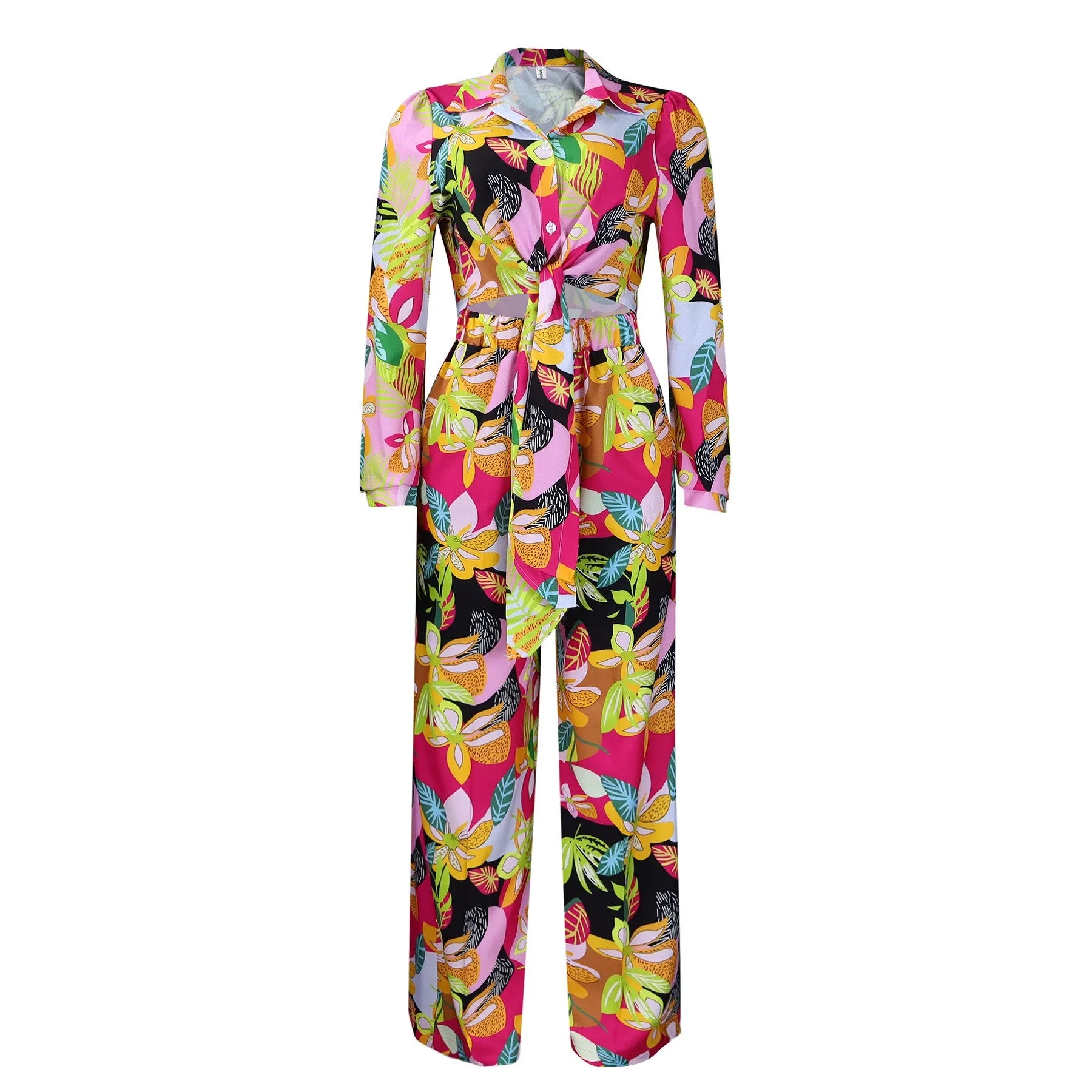 Summer Women's Clothing Floral Print Tie Waist Long Sleeve Shirt And Wide Leg Pants Set Elegant Two Suit Polyester