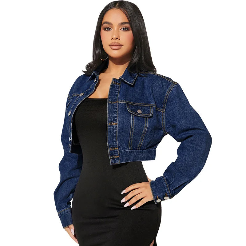 2025 High-waist Denim Extra Short Jacket Women Elastic-waist Jean Coat Spring Autumn Sexy Slim Outerwear Streetwear Casual Tops