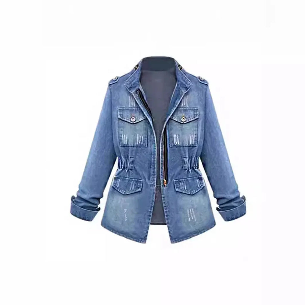 Plus Size Denim Top For Women Fashionable European And American Style Cotton Coat Long Sleeve Square Neck Regular Fit
