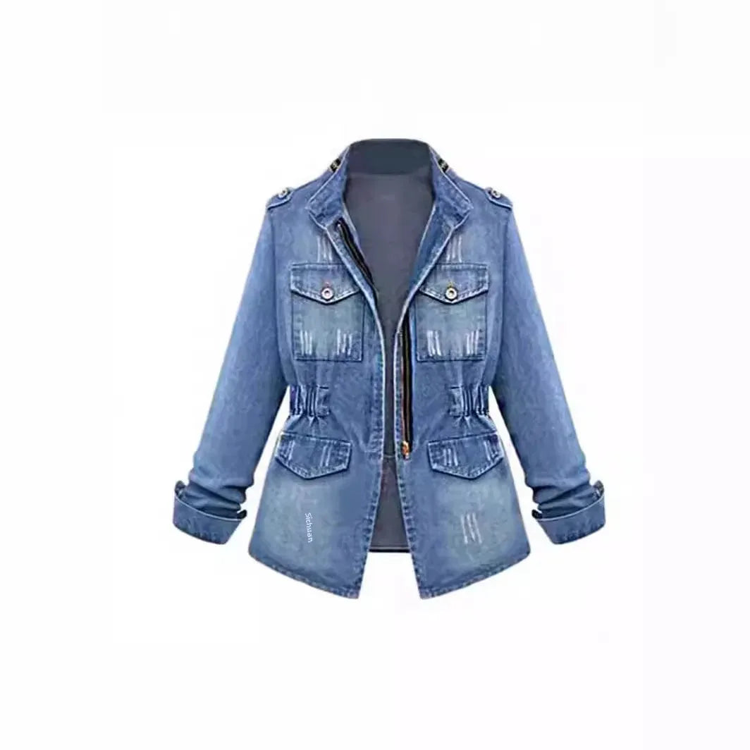 Plus Size Denim Top For Women Fashionable European And American Style Cotton Coat Long Sleeve Square Neck Regular Fit