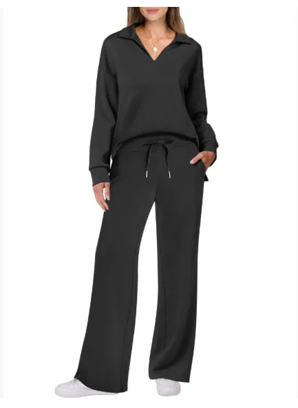2025 European and American Autumn and Winter New Fashion Casual Women's Long Sleeved Drawstring Solid Color Commuting Pants Set