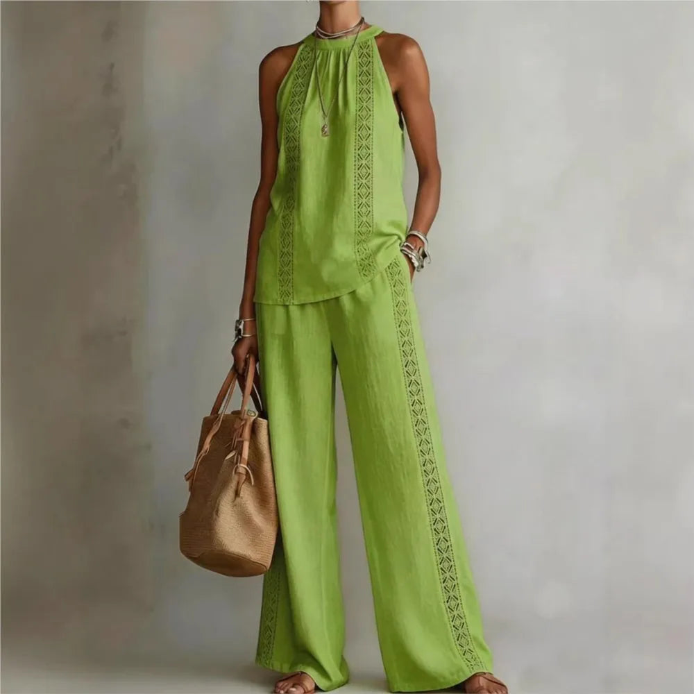 Sexy Halter Neck Sleeveless Tops Women's Office Suit Summer New Fashion Loose Retro Hollow Lace Wide Leg Pants 2-piece Set 2026