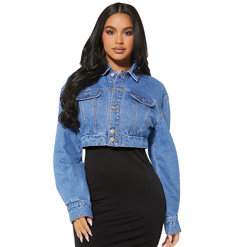 2025 High-waist Denim Extra Short Jacket Women Elastic-waist Jean Coat Spring Autumn Sexy Slim Outerwear Streetwear Casual Tops
