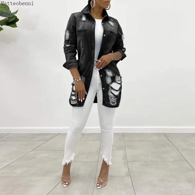 New Autumn Jeans Jacket Women New Sexy Ripped Oversized Denim Jacket Winter Fashion Long Sleeve Denim Jacket Casual Loose Coats
