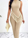Textured suit pants set with fringed hem, asymmetrical vest, and straight-leg pants