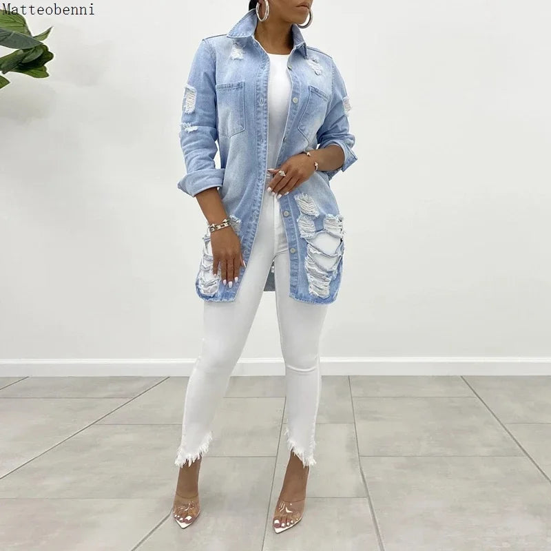 New Autumn Jeans Jacket Women New Sexy Ripped Oversized Denim Jacket Winter Fashion Long Sleeve Denim Jacket Casual Loose Coats
