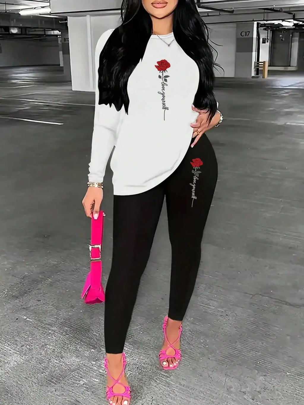 2026 Women's Casual Elegant Rose Printed Two Piece Solid Color Round Neck Long Sleeve T-shirt and Solid Color Printed Pants Set