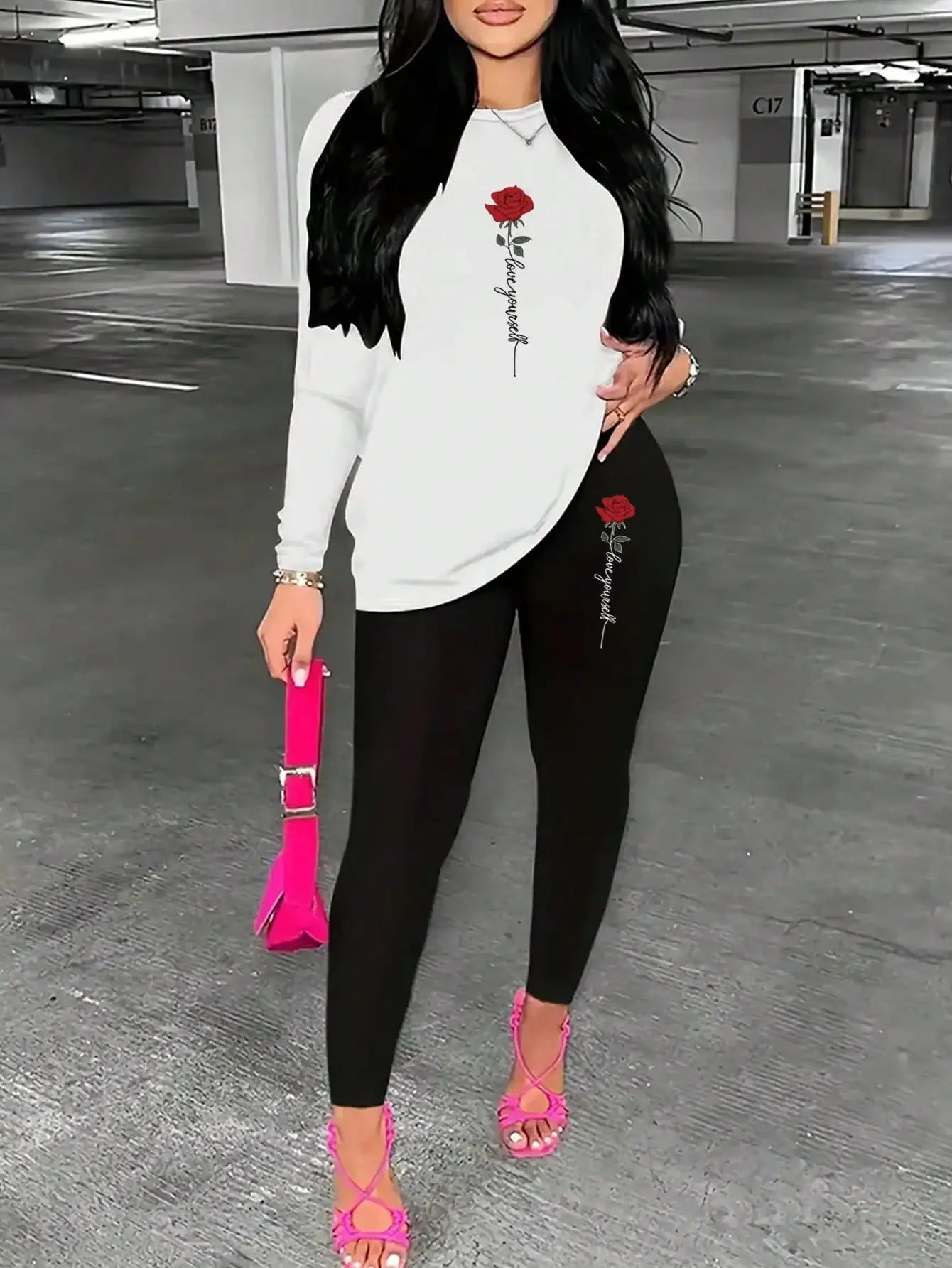 2026 Women's Casual Elegant Rose Printed Two Piece Solid Color Round Neck Long Sleeve T-shirt and Solid Color Printed Pants Set