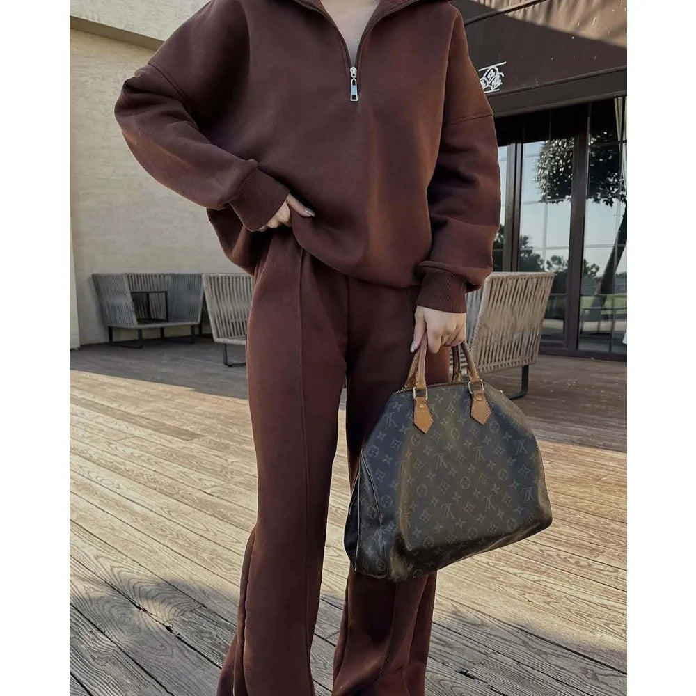 European American Women Casual Suit Half Placket Long Pants Two Piece Set Loose Outfit