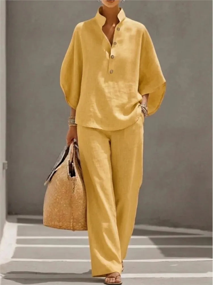 Fashion Cotton Linen Button Stand Collar 9 Quarter Sleeves Loose Women's 2-piece Suit Spring Casual Wide Leg Pants Suit Female