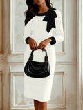 Women's Autumn Professional Elegance Bow Tie Color-blocked Career Dress Goddess Style Tailored Fit