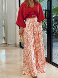 V-neck Long Sleeve Shirt And Blouses Solid Crop Top Straight Print Wide Leg Long Pant Suits 2-pieces Casual Autumn Woman Sets