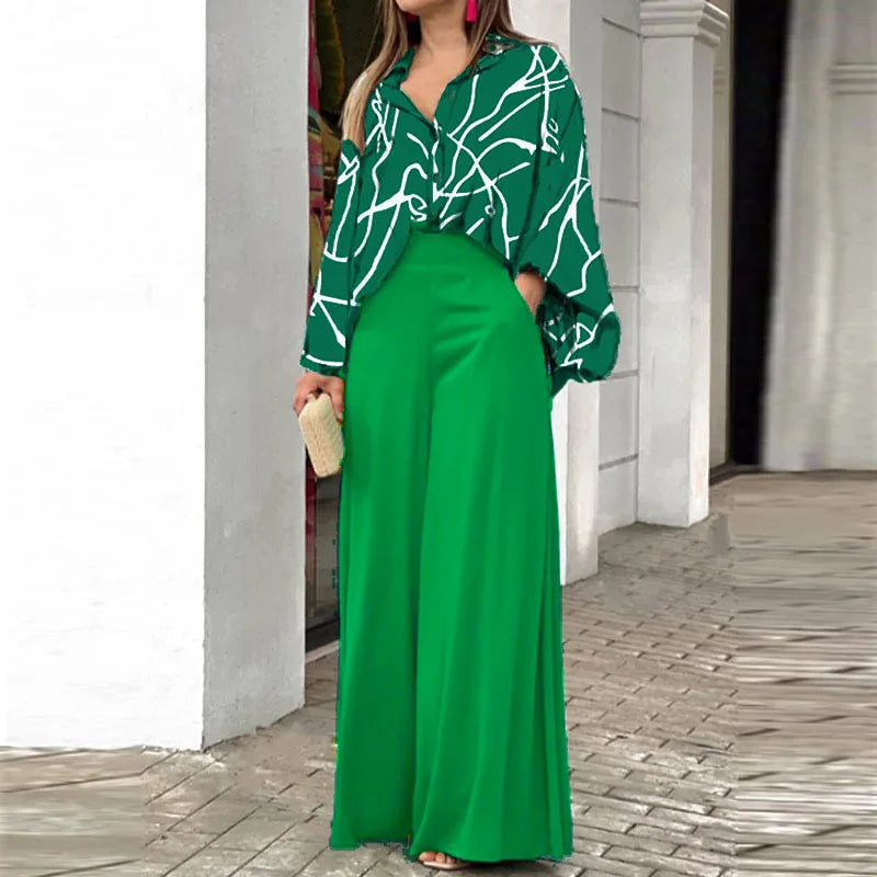 Fashion Print Set Women Casual Long Sleeve Button Shirt+Pockets High Waist Wide Leg Pants Office 2 Piece Sets Lady Spring Summer