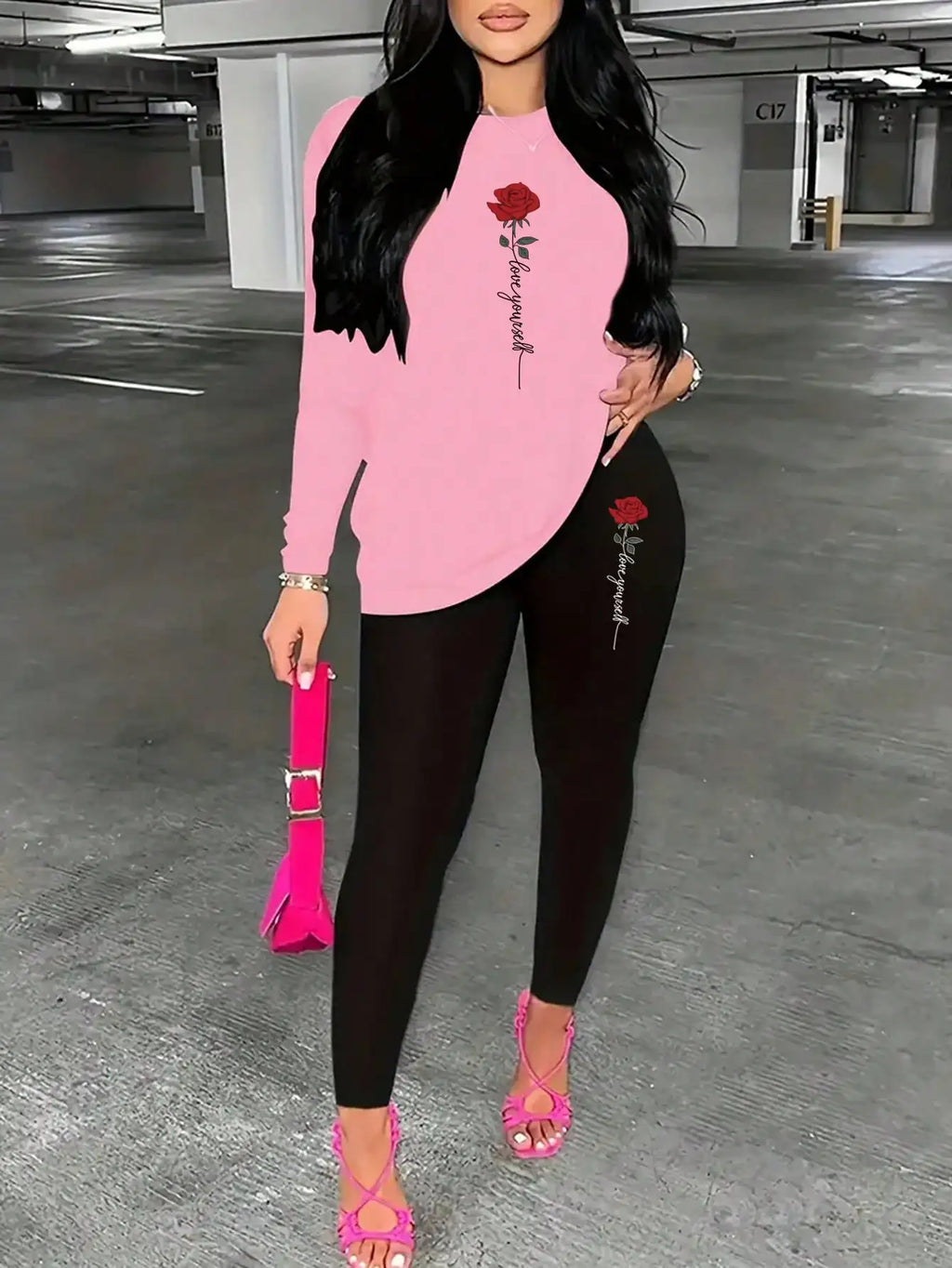 2026 Women's Casual Elegant Rose Printed Two Piece Solid Color Round Neck Long Sleeve T-shirt and Solid Color Printed Pants Set