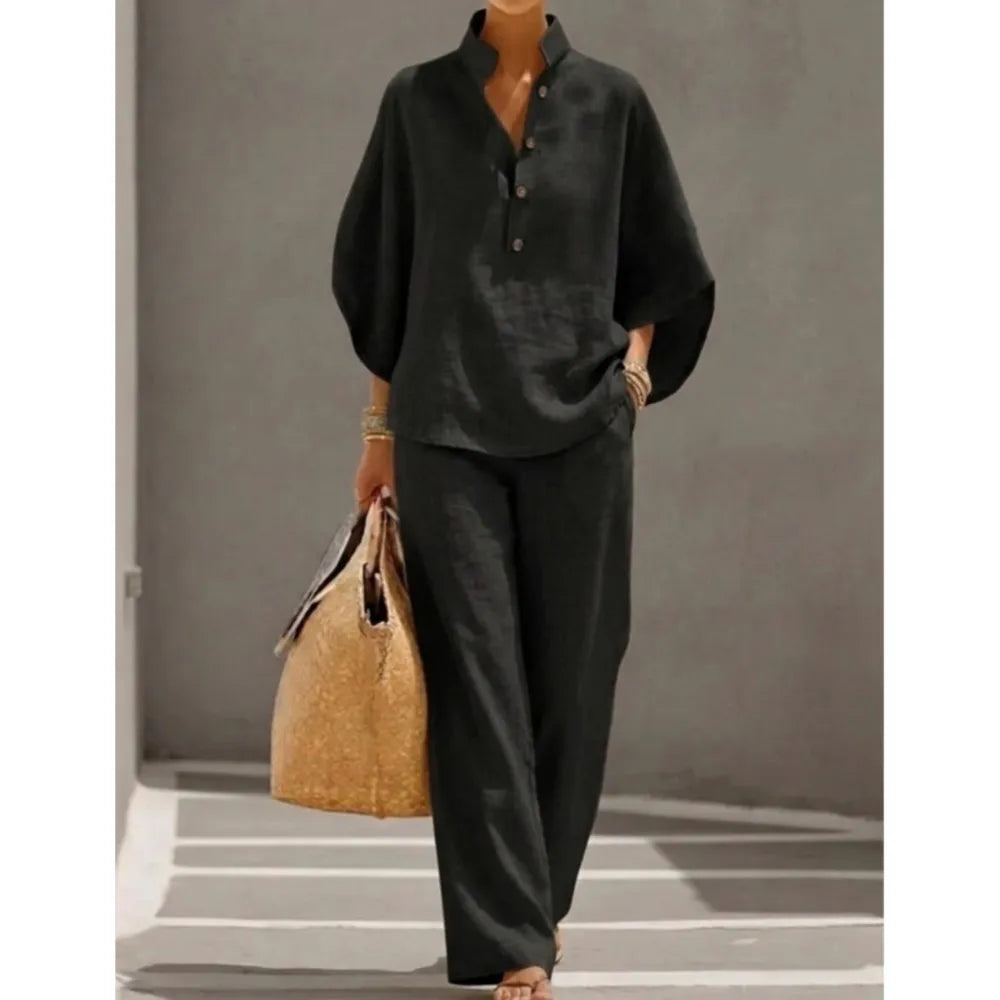 Fashion Cotton Linen Button Stand Collar 9 Quarter Sleeves Loose Women's 2-piece Suit Spring Casual Wide Leg Pants Suit Female