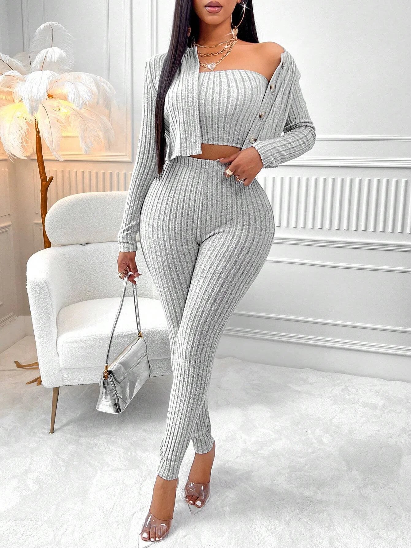 3-piece set of solid color camisole, front-button jacket, and leggings
