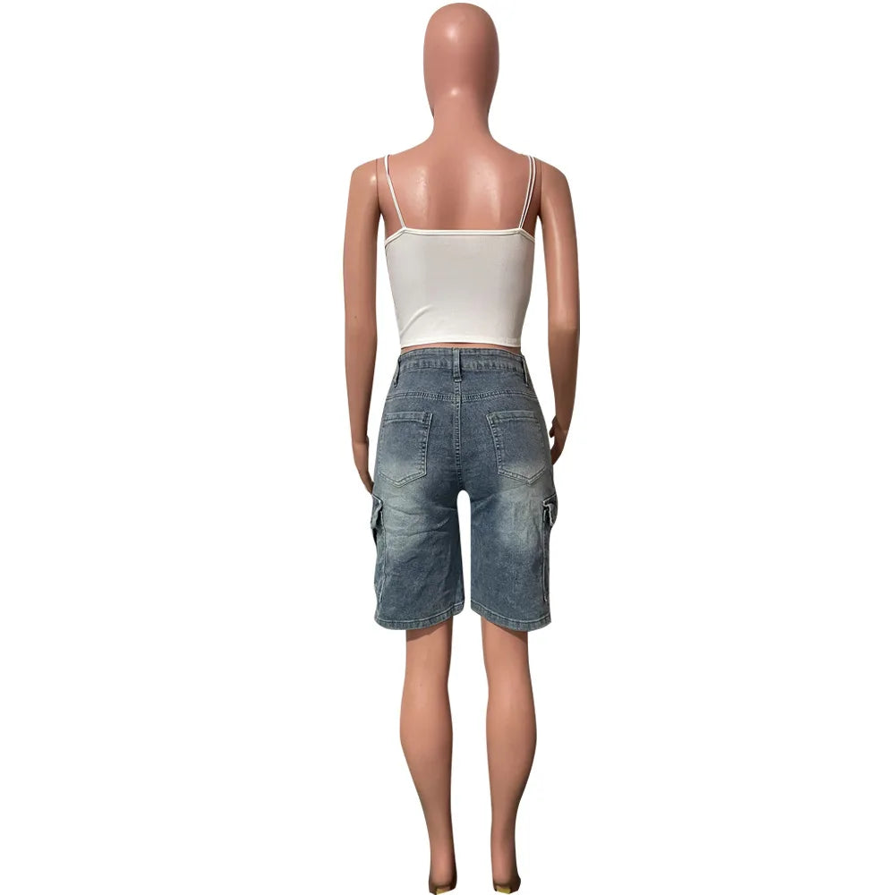 2025 Summer Women Fashion Pockets Denim Cargo Shorts Washed Stretchy High Waist Knee Length Short Jeans Casual Female Streetwear