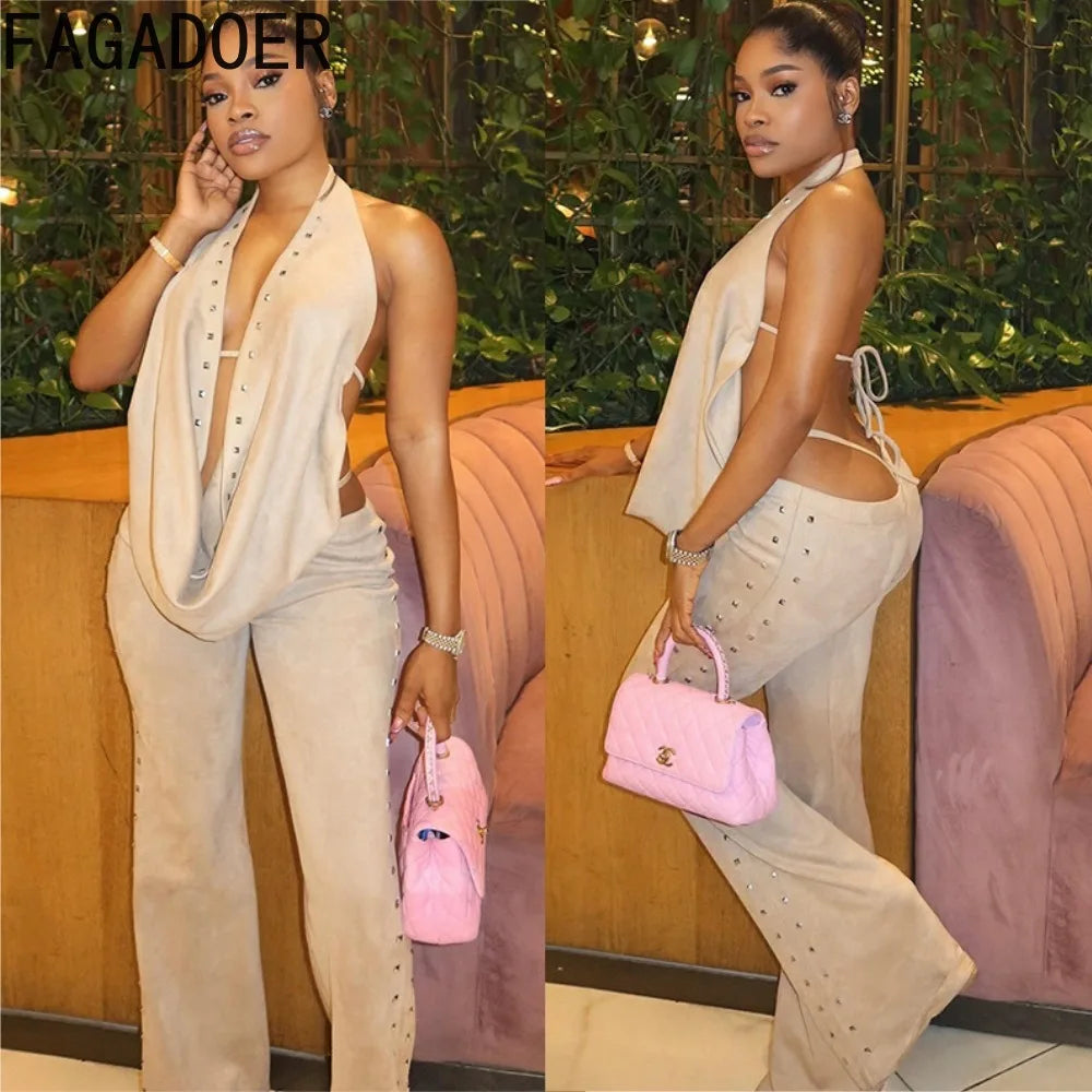 FAGADOER Sexy Solid Color 2 Pieces Set for Woman Halter Sleeveless Backless Crop Top and Flare Pants Female Streetwear Clothing