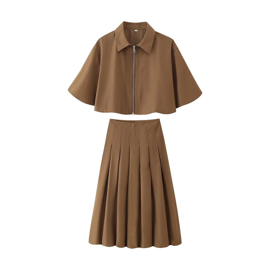 Women's Autumn New Short Zipper Jacket Short Sleeved Top High Waisted Pleated Lantern Flower Bud Half Skirt Set