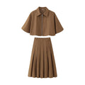 Women's Autumn New Short Zipper Jacket Short Sleeved Top High Waisted Pleated Lantern Flower Bud Half Skirt Set