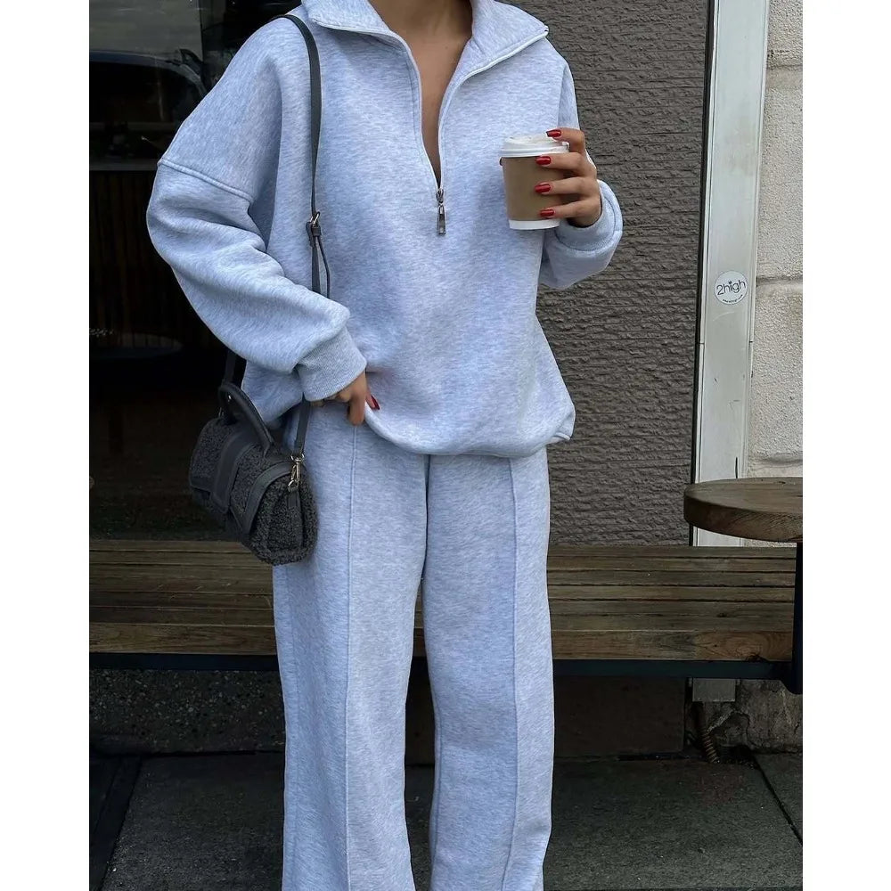European American Women Casual Suit Half Placket Long Pants Two Piece Set Loose Outfit