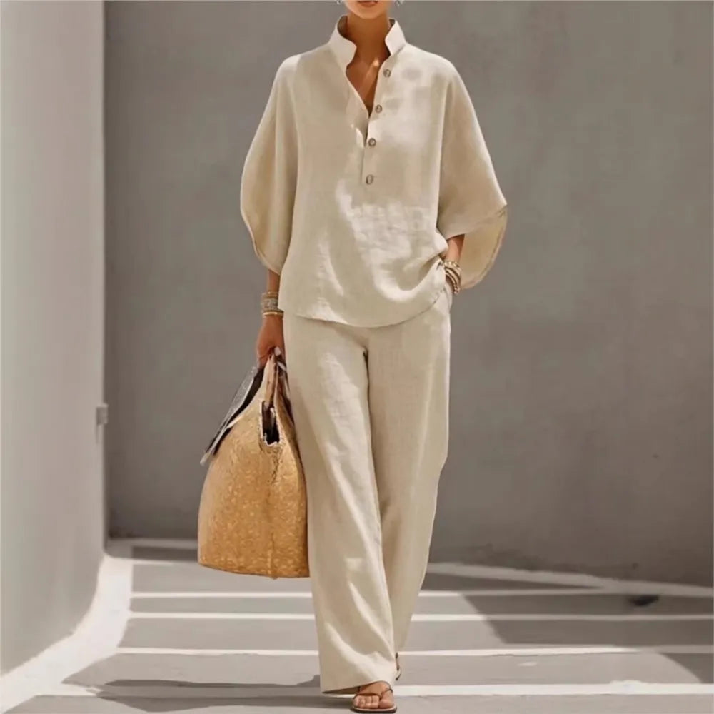 Fashion Cotton Linen Button Stand Collar 9 Quarter Sleeves Loose Women's 2-piece Suit Spring Casual Wide Leg Pants Suit Female