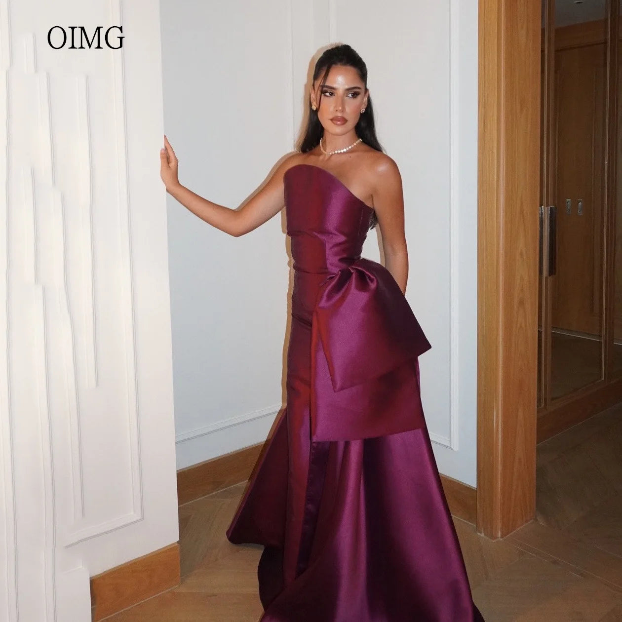 OIMG Classic Purple Strapless A Line Prom Gowns Satin Backless Formal Party Gown Floor Length Evening Dress Customized