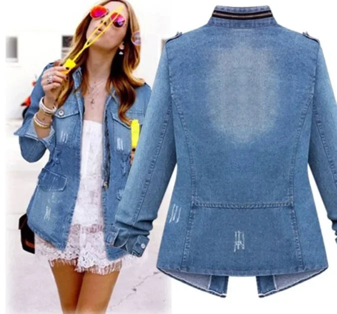 Plus Size Denim Top For Women Fashionable European And American Style Cotton Coat Long Sleeve Square Neck Regular Fit