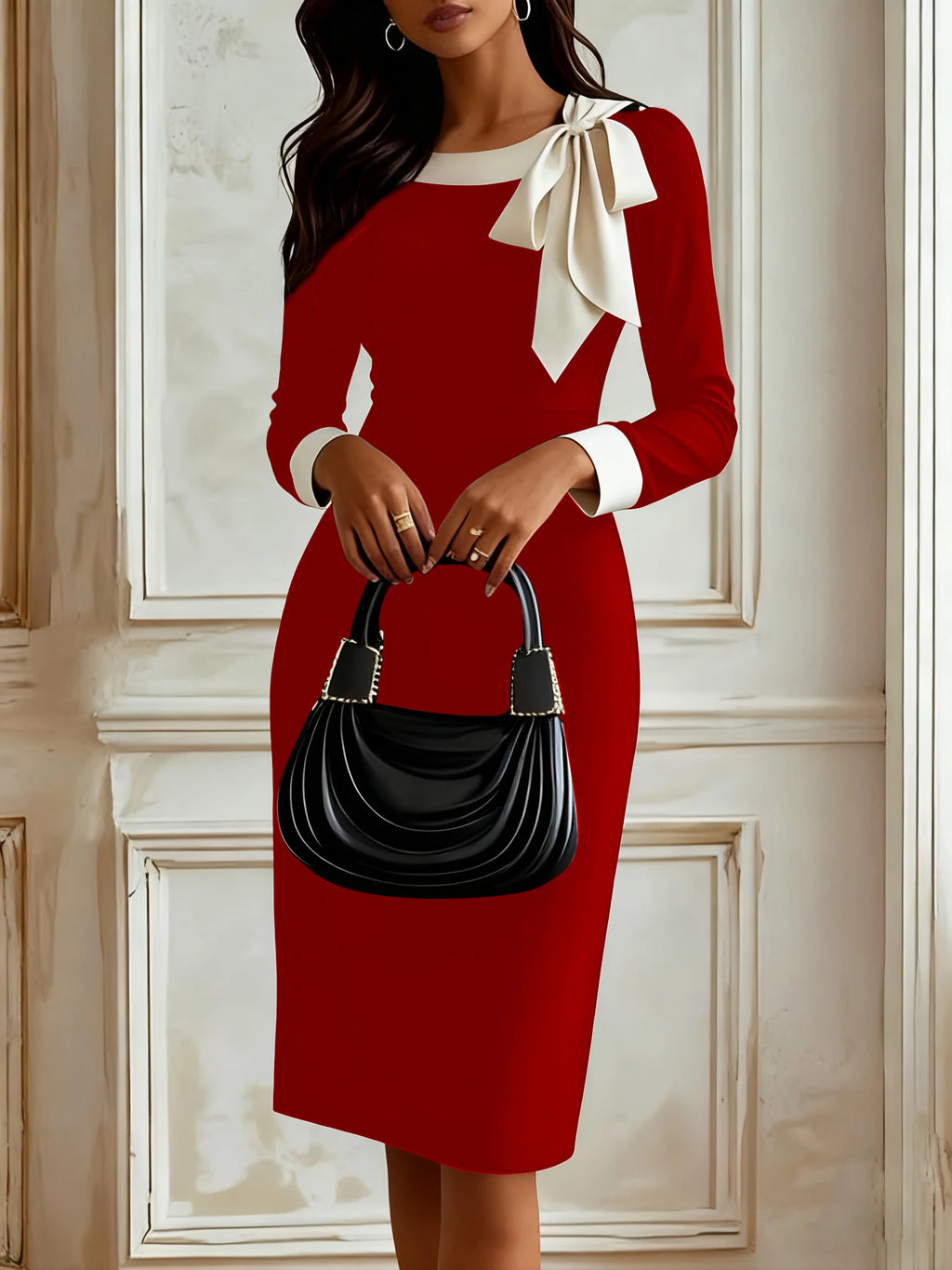 Women's Autumn Professional Elegance Bow Tie Color-blocked Career Dress Goddess Style Tailored Fit