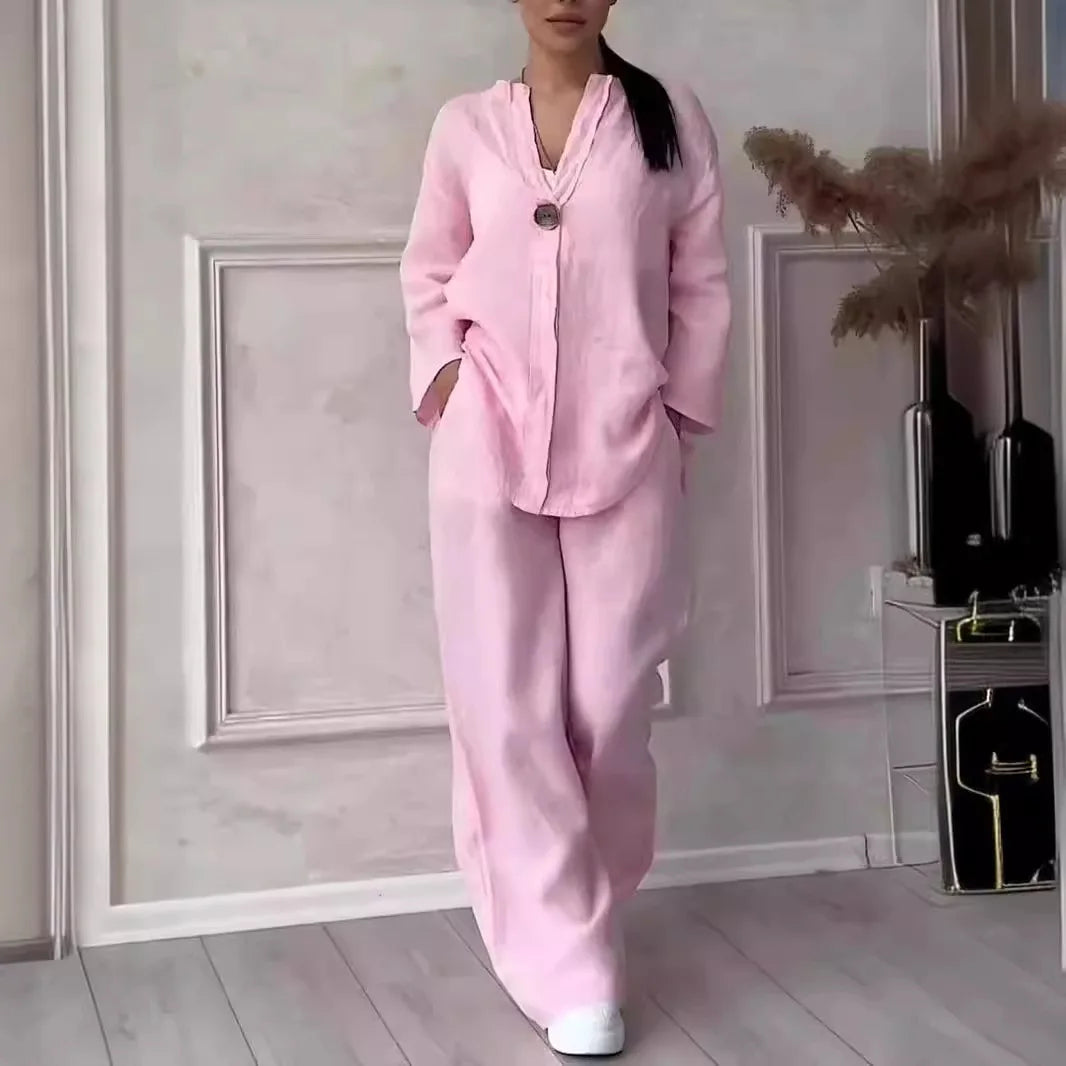 Cotton Linen Sets Two 2 Pieces Sale Casual Long Sleeve Button Loose Blouse Shirt&High Elastic Wide Leg Loose Pant Suits NMD-3021