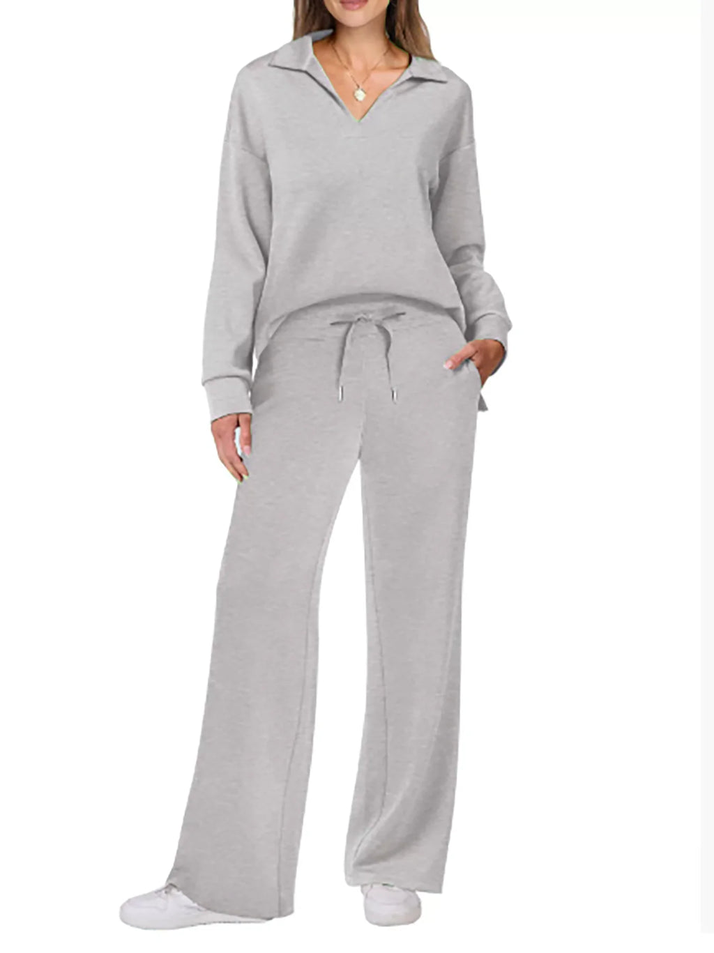 2025 European and American Autumn and Winter New Fashion Casual Women's Long Sleeved Drawstring Solid Color Commuting Pants Set