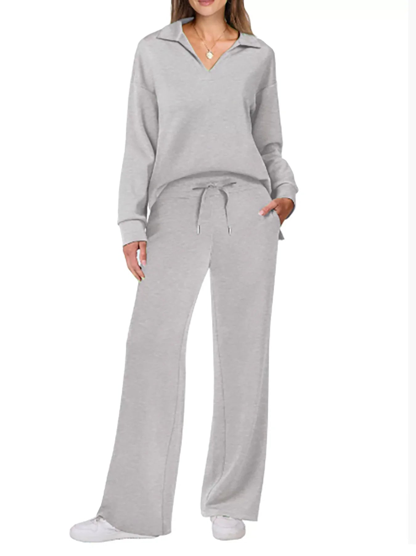 2025 European and American Autumn and Winter New Fashion Casual Women's Long Sleeved Drawstring Solid Color Commuting Pants Set