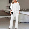 New Matching Collection Fashion Women's Bat Sleeve Top Casual Off Shoulder Party Elegant Wide Leg Pants Women's Two Piece Set