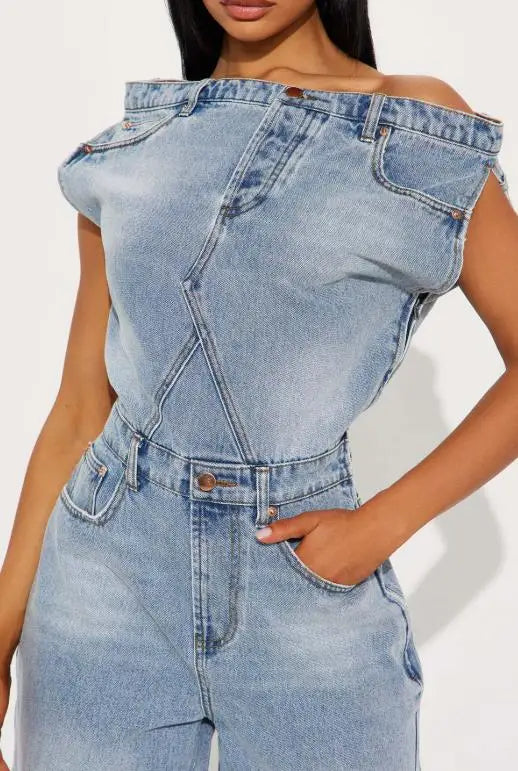 Summer New Trend Personalized One Neck Design Slim Fit High Waist Straight Leg Jumpsuit Women's Side Zipper Denim Jumpsuit