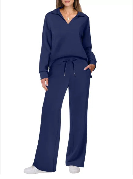 2025 European and American Autumn and Winter New Fashion Casual Women's Long Sleeved Drawstring Solid Color Commuting Pants Set