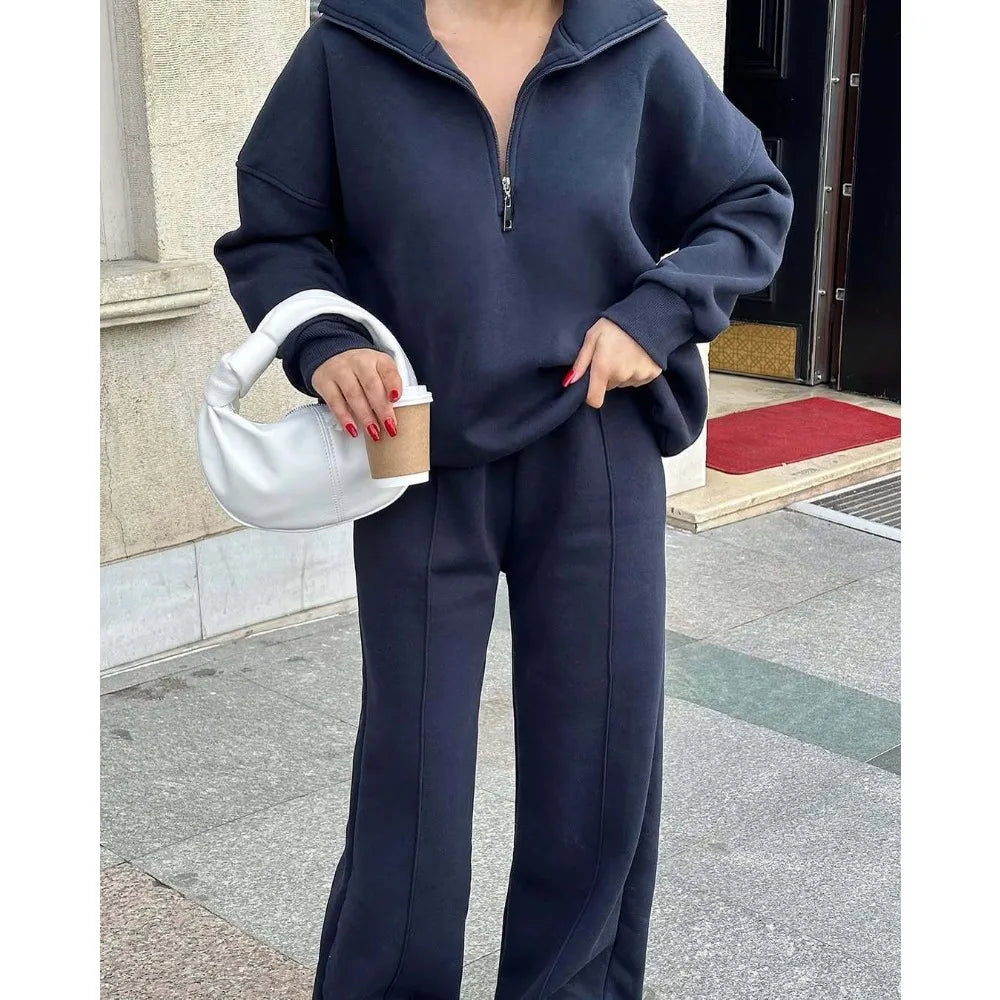 European American Women Casual Suit Half Placket Long Pants Two Piece Set Loose Outfit